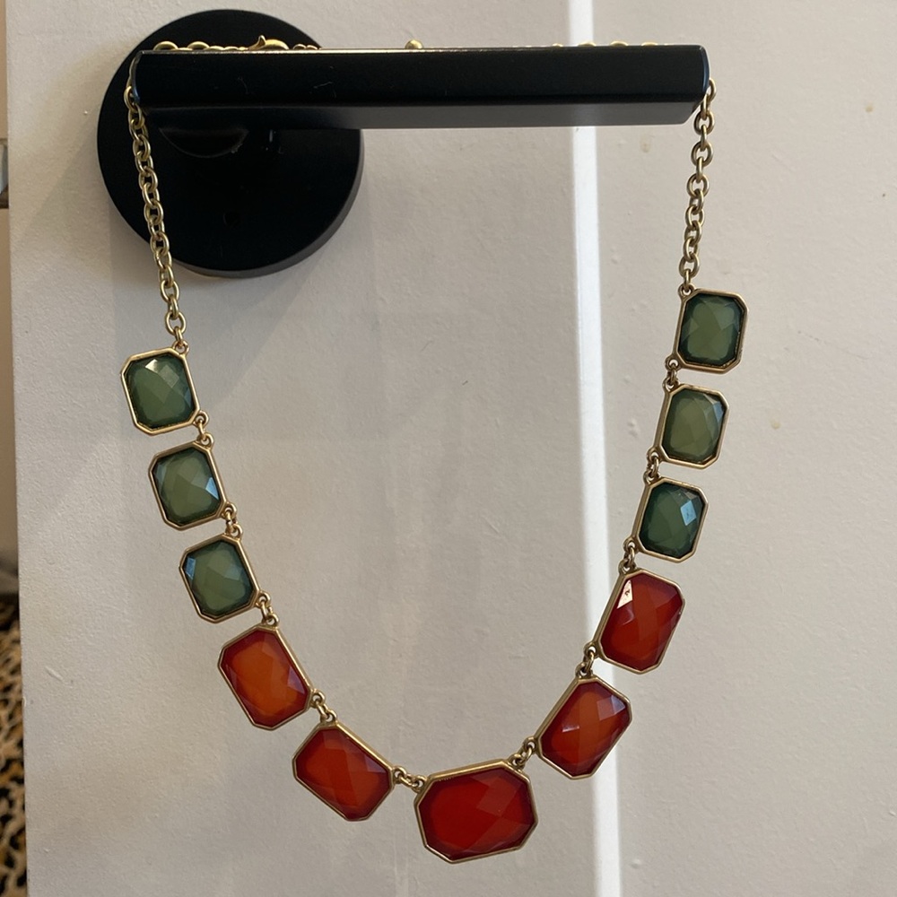 Teal Blue and Red Stone Statement Necklace with Gold Chain